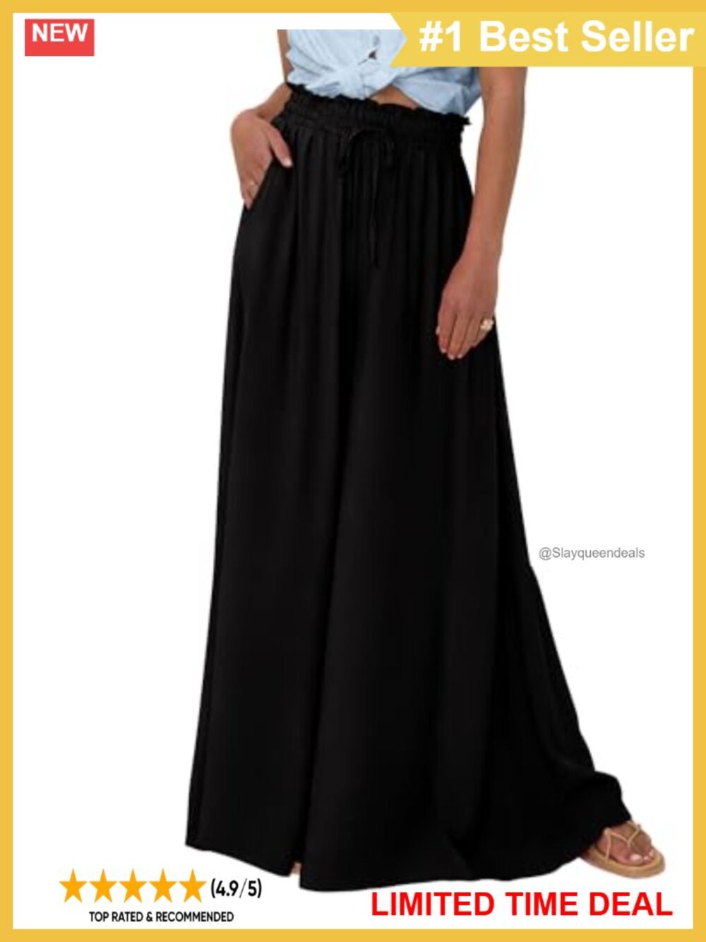 Wide Leg Flowy Palazzo Pants Drawstring Elastic Waist Side Pockets